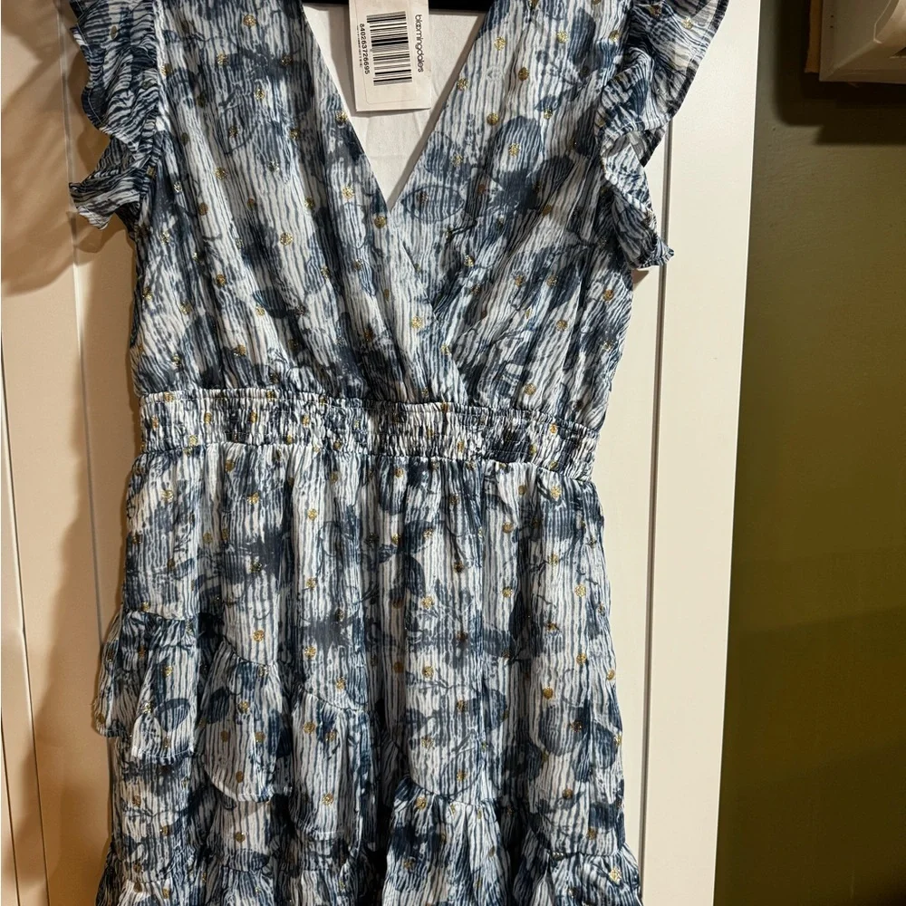 Aqua Blue Floral Ruffle V-Neck Mini Dress - Picture 3 of 5